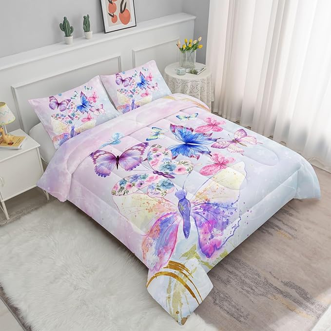 Datura home Watercolor Butterfly Comforter Bedding Set for Girls Kids Teens,Lightweight Colorful Floral Butterfly Printed Tie-dye with 2 Pillowcases(Watercolor Butterfly Queen),Butterfly Purple