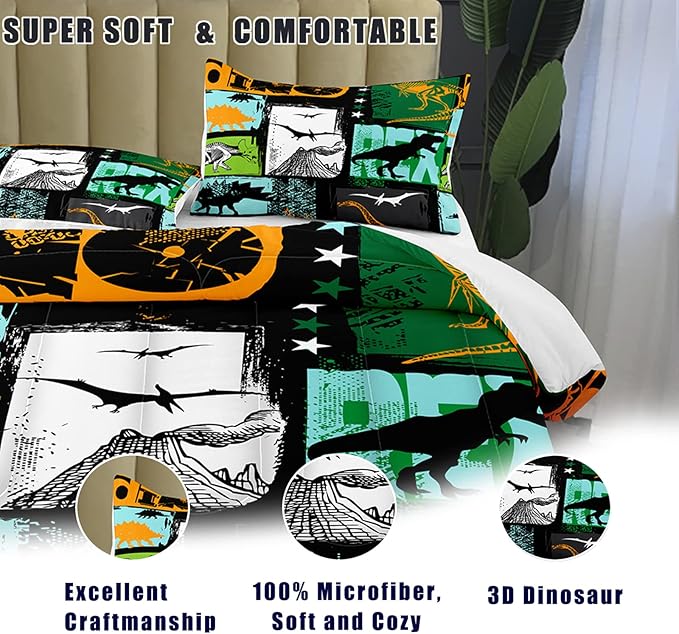 Bodhi Boys Bedding Set Full,Kids Teen Comforter Set with Pillowcases,Teen Boys Full Size Dinosaur Comforter Set,Cartoon Dinosaur Bedding Set for Boys Kids