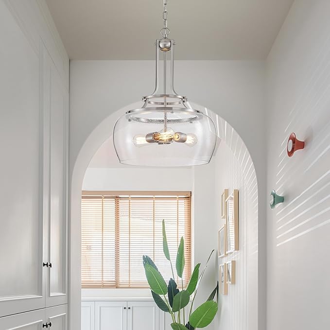 WUZUPS Chandelier Rustic Farmhouse Industrial Round Ceiling Pendant LED Light Fixture Clear Seeded Glass Shade for Dining Room Kitchen Island Foyer Entryway, H 20.9" x W 15.9", Brushed Nickel