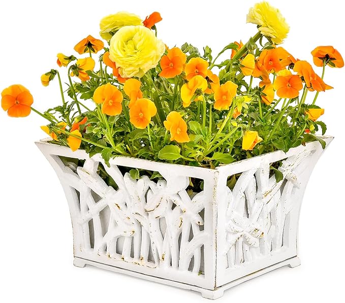 Sungmor Heavy Duty Cast Iron Planter Basket w/Non-Woven Growing Bag, Unique Shape & Beautiful Pattern Design, Hollow Orchid Flower Pot Garden Tools Holder, Rust White French Country Decor Container