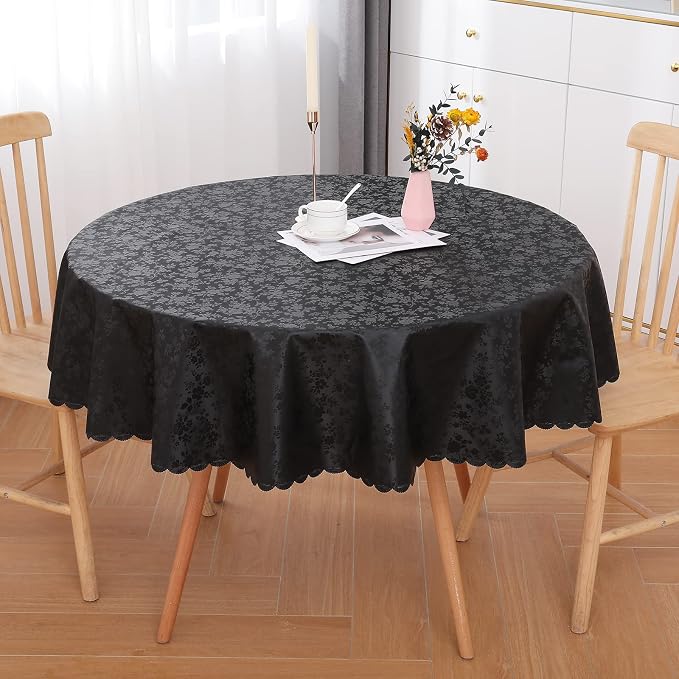 Smiry Round Waterproof Heavy Duty Vinyl Tablecloths, 60 x 60 Inch | Wipeable Washable Floral Embossed Table Cover for Kitchen and Dining Room, Indoor & Outdoor Use, Black