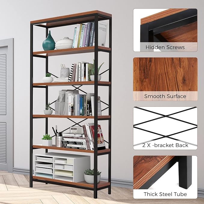 Himimi 6 Tier Industrial Bookshelf, Vintage Standing Storage Shelf, Display Shelving Units, Tall Bookcase, Industrial Metal Book Shelves for Living Room Bedroom and Home Office