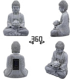 Buddha Lotus Statue with Solar Lights, Resin LED Figurine for Garden Decor – Unique Gift for Women and Friends(Grey Buddha)