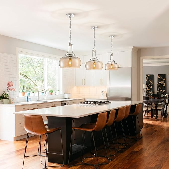 WUZUPS Nickel Chandelier Rustic Farmhouse Industrial Round Ceiling Pendant LED Light Fixture with Amber Glass Shade for Dining Room Kitchen Island Foyer Entryway, H 17" W 13.4", E26 Base