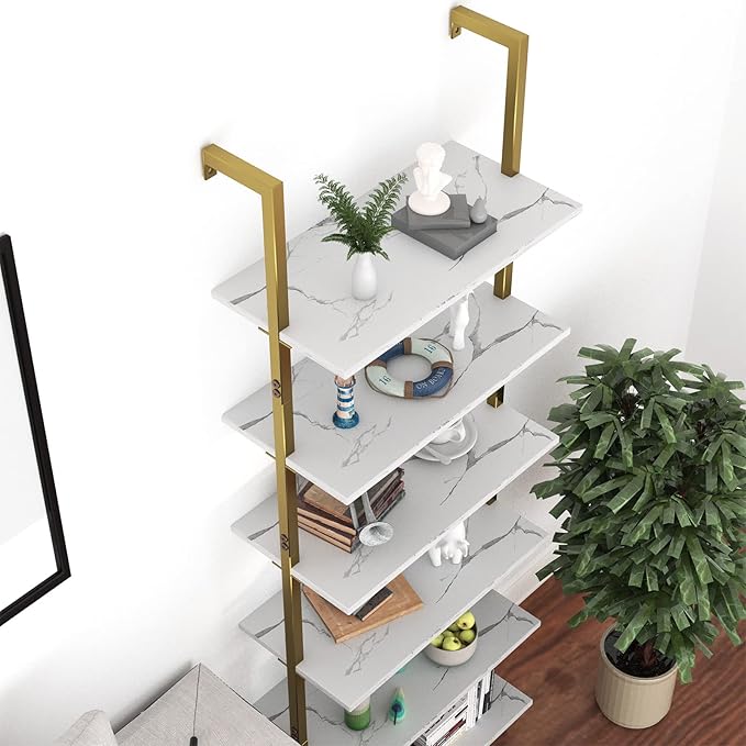 Ladder Shelf 6 Tiers Marble White Modern Bookshelf Open Tall Wall Mount Bookcase Standing Leaning Wall Shelves Industrial Decorative Living Room Bed Room