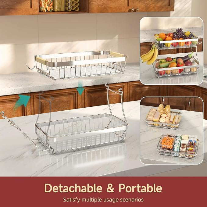 2-Tier Fruit Basket with Banana Hangers, Detachable Metal Bowl | Wooden handle, protective mats included. Versatile holder for bread, snacks, and veggies. Extra Large 2 tier metal design.