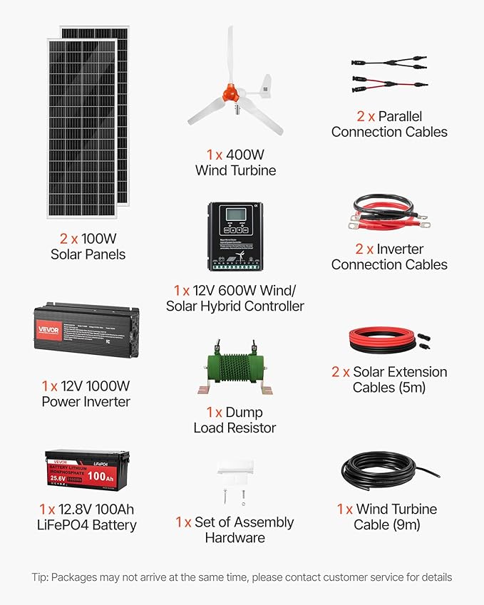 VEVOR 12V 600W Solar Wind Power Kit, 2PCS 100W Solar Panel + 400W Wind Turbine + 12.8V 100Ah LiFePO4 Battery + 1000W Power Inverter + MPPT Hybrid Controller for Home RV Boat Off-Grid Applications