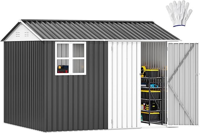 DWVO 10x8ft Large Tool Storage Shed with Window, Lockable Doors, and Sloped Roof, Oversized Steel Outdoor Storage Shed for Garden, Patio, Garage, Backyard, Lawn - Gray & White