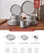 Famiware Nebula Ridge Stoneware Dinnerware Sets, Plates and Bowls Sets for 4, 12 Pieces Dishes Set, Microwave and Dishwasher Safe Kitchen Plates, Light Gray