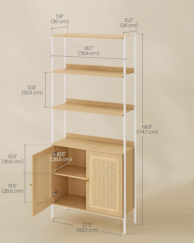 VASAGLE 6-Tier Bookcase, Bookshelf with Rattan-Like Door, Boho Style, Freestanding 30.1-Inch Wide Storage Shelf, Metal Frame, Adjustable Shelf, for Living Room, Oak Beige and Pearl White ULLS124W57