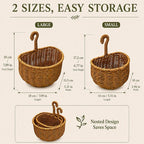 2 Pack Hanging Wall Storage Basket, Woven Rattan Organizer，COFFEE BROWN | Rustic Hand woven wall organizer with hook for kitchen, bathroom and entryway storage, Space-saving decor for modern homes
