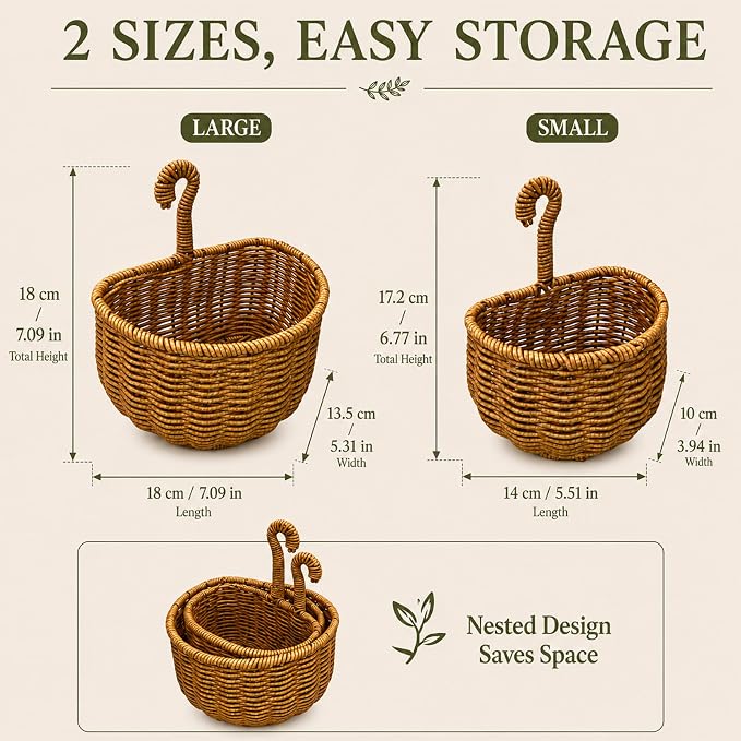 2 Pack Hanging Wall Storage Basket, Woven Rattan Organizer，COFFEE BROWN | Rustic Hand woven wall organizer with hook for kitchen, bathroom and entryway storage, Space-saving decor for modern homes