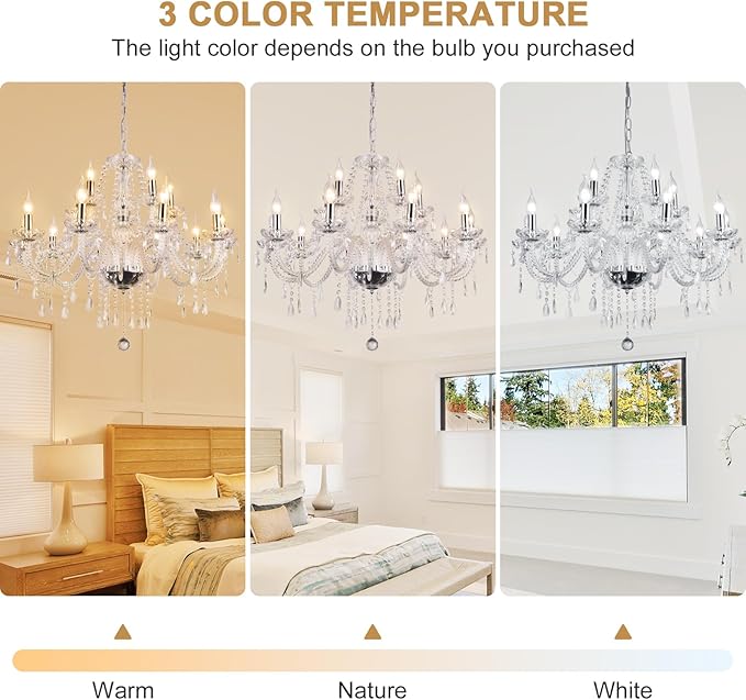Modern Elegant 15 Lights K9 Crystal Glass Chandelier Pendant Ceiling Lighting European Style for Dining Living Room Bedroom Transparent,15 E12 Bulbs Required