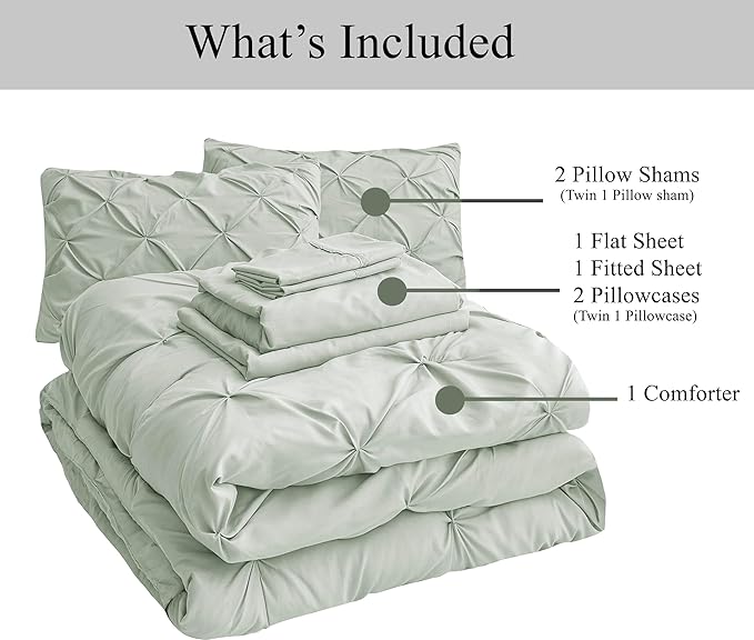 LANE LINEN Queen Size Comforter Set with Sheets, 7 Piece Comforter Set Queen Size, Pintuck Queen Comforter Set, Soft Queen Bed Set, Queen Size Bedding Comforter Sets, Queen Bed in Bag Set - Mineral
