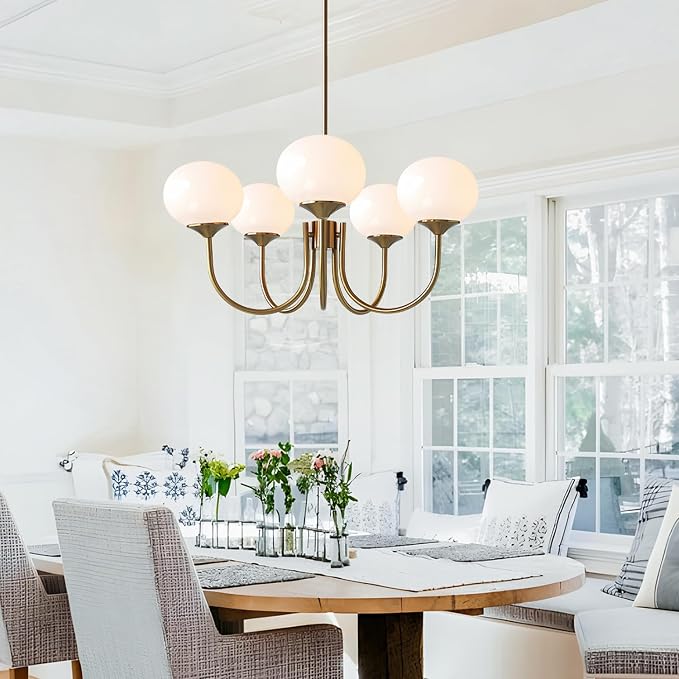 5 Light White Globe Chandelier Small Milk Glass Chandelier Gold Sputnik Ceiling Light Fixture MCM Dining Room Light Fixture Vintage Kitchen Pendant Lights