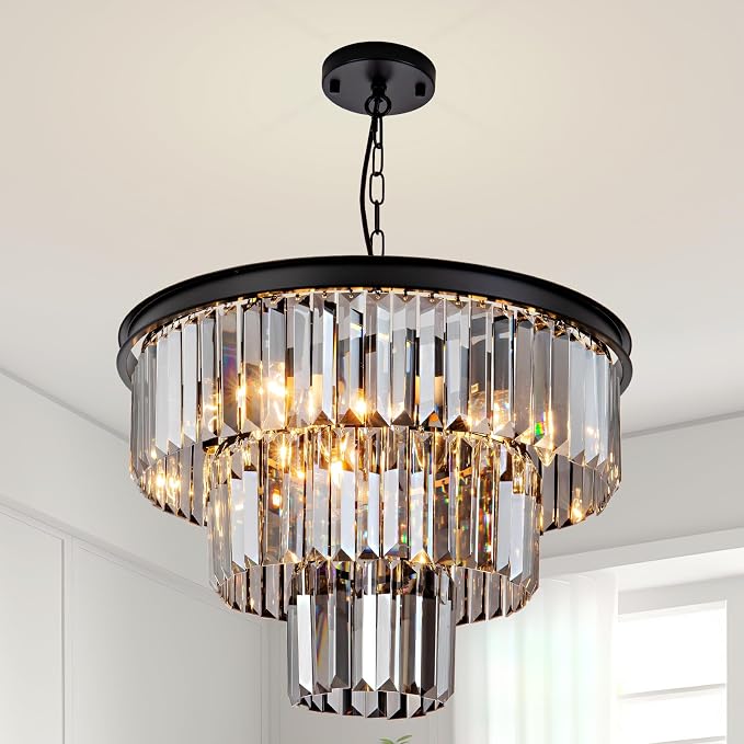 8 Light Black Crystal Chandelier 20'' Luxury Smoke Modern Dining Room Light Fixture 3-Tier Round Hanging Pendant Ceiling Lighting for Entryway Foyer Living Room Adjustable Height E12