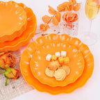 LIYH 24 Pcs Orange Scalloped Plates - Sturdy Plastic Orange Plates for Halloween & Thanksgiving Party Dishwasher Safe Reusable (12 Guests)