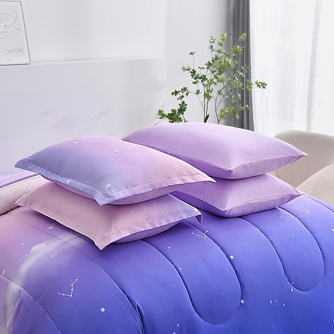 Dinjoy Girls Comforter Set Full Size Colorful Rainbow Ombre Purple Lavender Pink Bedding Set Gradient 7 Pieces Bed in A Bag for Kids Teen Girl Women(1 Comforter, 1 Flat Sheet, 1 Fitted Sheet)