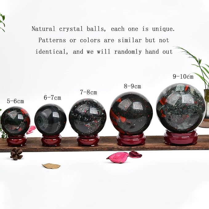 JIC Gem African Bloodstone Crystal Ball Natural Quartz Crystal Sphere Stone Ball with Wooden Base (70-80mm)