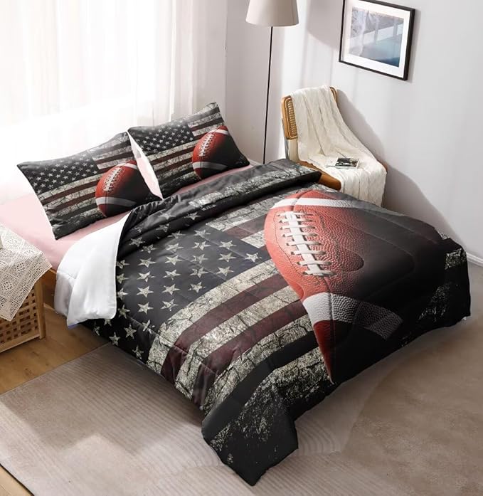 American Football Comforter Set for Boys Teens,Kids Sports Bedding Set Twin Size,USA Flag Football Printed Bedroom Sets with 2 Matching Pillow Shams