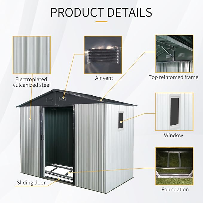 4x8 FT Outdoor Storage Shed, Metal Garden Shed with Frame Floor, Outside Tool Shed with Window, Waterproof Storage Building with Lockable Sliding Doors & Sloped Roof for Backyard, Patio, White+Black