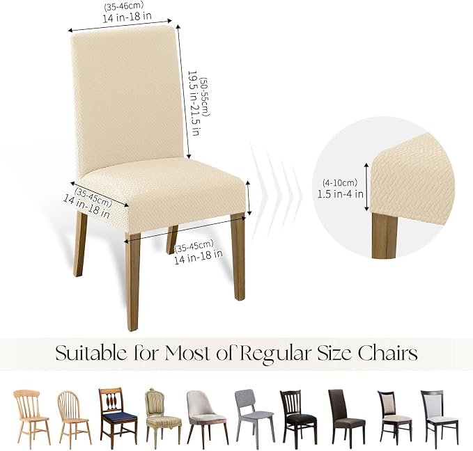 MOSAYT 100% Waterproof Dining Room Chair Covers Set of 4, Super Fit Stretch Jacquard Parson Chairs Slipcovers Removable Washable Chair Seat Protectors for Home, Kitchen, Banquet (Beige)