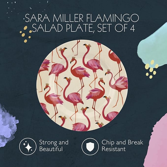 Portmeirion Sara Miller Flamingo Salad Plate, Set of 4 - BPA-Free 8" Melamine Plates Featuring Flamingos for Summer - Dishwasher Safe Dinnerware for Indoor & Outdoor Dining, Shatterproof & Decorative