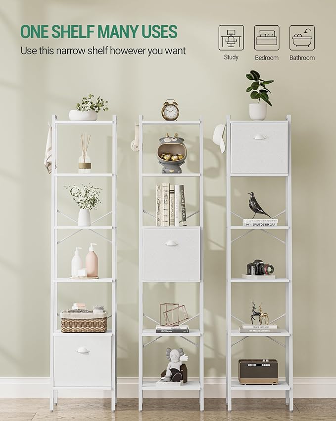 Narrow Bookshelf Bookcase with Drawer, Ladder Shelf with 2 Hooks, Bookshelves Storage Organizer, Freestanding Display Standing for Home Office, Bedroom, 6 Tier White BC19613W