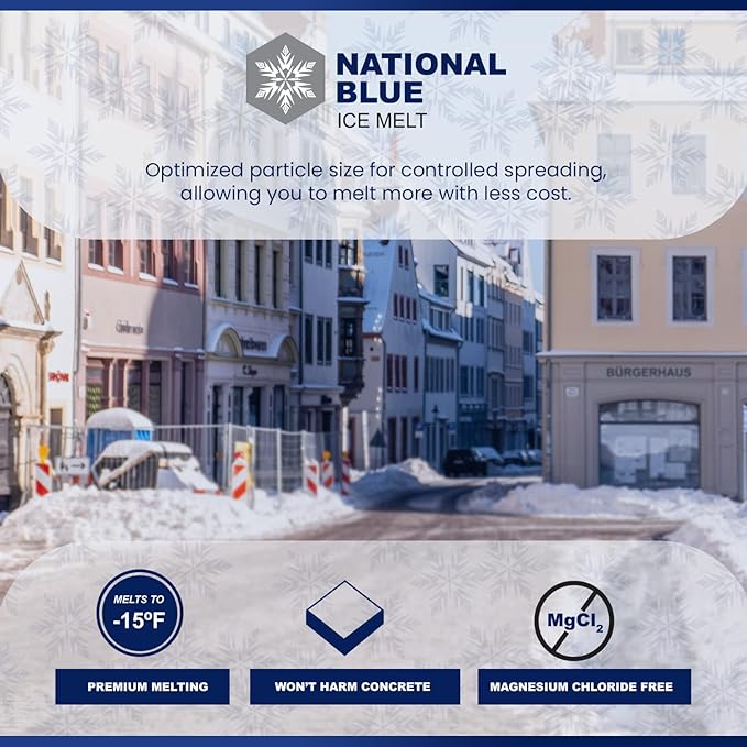 National Blue Snow Salt Ice Melt 20lb Bucket - Fast Acting Ice Melter - Pet, Plant and Concrete Friendly, Environmentally Safe - Free of Magnesium Chloride - Melts to -15°F