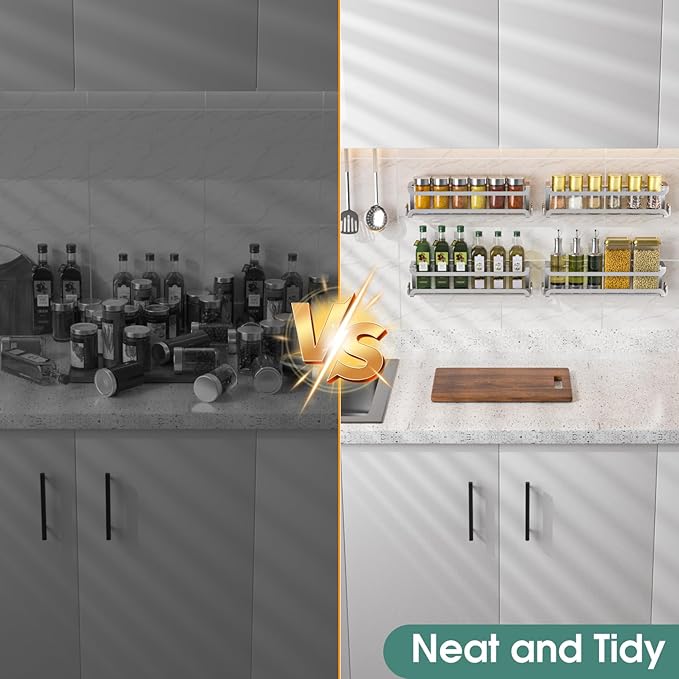 LUCYCAZ 4 Pack Wall Mounted Spice Rack with 16 Hooks, Spice Organizer Shelf for Stove Cabinet Pantry Door,Screw or Adhesive Spice Shelf Hanging Wall Spice Rack in Kitchen and RV (Silver, 4 PACK)