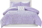 Mi Zone Rosalie Comforter Set for Girls, Ultra-Soft Microlight Plush Metallic Printed Hearts Brushed Reverse Overfilled Down Alternative Hypoallergenic All Season, Twin/Twin XL, Purple/Silver, 3 Piece