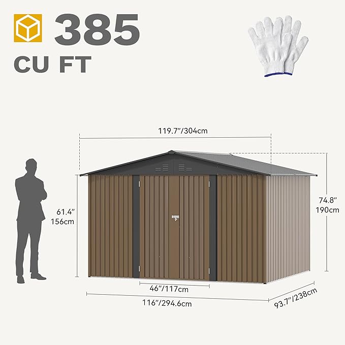 DWVO 10x8FT Outdoor Storage Shed, Spacious Metal Tool Shed with Lockable Doors & Ventilation for Patio, Lawn, and Backyard, Ideal for Storing Garden Equipment, Lawnmowers, and Bicycles, Brown