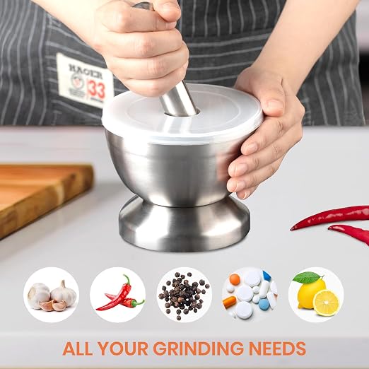 Tera 18/8 Stainless Steel Mortar and Pestle with Brush Spice Grinder Pill Crusher Herb Bowl Pesto Powder 1.5 Cup 350ml