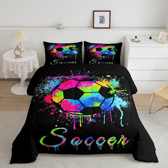 Kids Soccer Ball Game Comforter Set Full Size Football Bedding Set for Boys Girls Teens Bedroom Decor Rugby Sports Comforter American Football Player Duvet Set with 2 Pillow Case