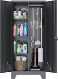 61" Broom Closet Storage Cabinet, Metal Storage Cabinet with Doors, Utility Cabinets for Brooms and Mops, Cleaning Tool Cabinets for Garage, Laundry Room, Bathroom