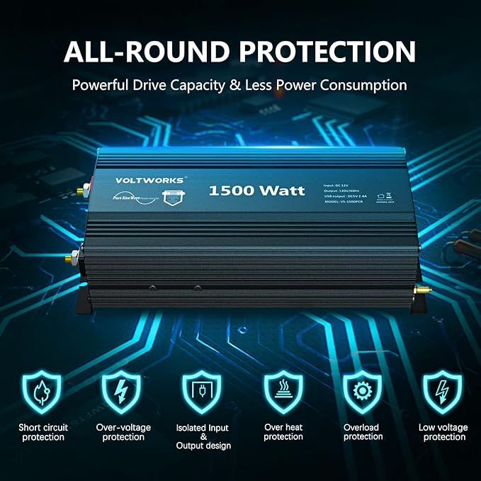 Power Inverter 1500Watt Pure Sine Wave Inverter 12V to 110V 120V AC with UL Fuses Compatible with Lithium Battery for Home RV Truck Off-Grid Solar with 15FT Battery Level Monitor Remote by VOLTWORKS