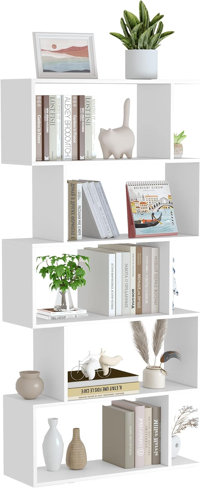 Yusong Bookshelf 5-Tier, Geometric Bookcase S Shaped Book Shelves for Bedroom, Modern Wood Decorative Display Shelf Book Case for Home Office, White
