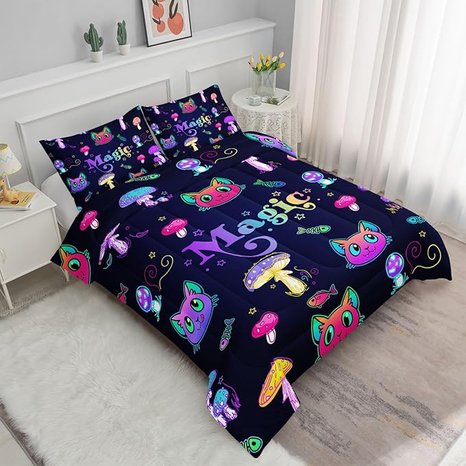 Datura home Mushroom Cat Kids Comforter Bedding Set for Boys Girls, Cartoon Mixed Color Mushroom and Cute Cat Fishbone Pattern Comforter with 2 Pillowcases(Mushroom Cat Twin)