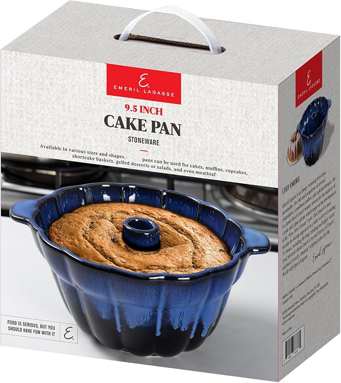 Emeril Lagasse Fluted Cake Pan Stoneware 9.5 in – Pound Cake Baking Pan, Perfect for Baking Delicious Cakes! (Dark Blue)