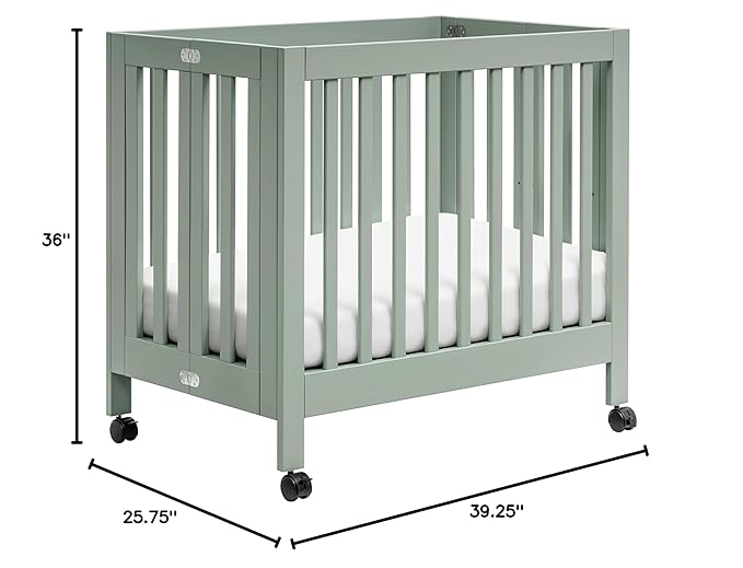 Babyletto Origami Mini Portable Crib Folding with Wheels in Light Sage, 2 Adjustable Mattress Positions, Greenguard Gold Certified