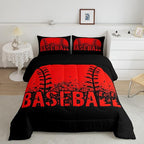 Baseball Comforter Set King Size Kids Red Black Sports Quilt Bedding Set For Boys Girls,Reversible Black Bedding Comforter Sets Soft Lightweight For All Season,1 Comforter And 2 Pillow Cases