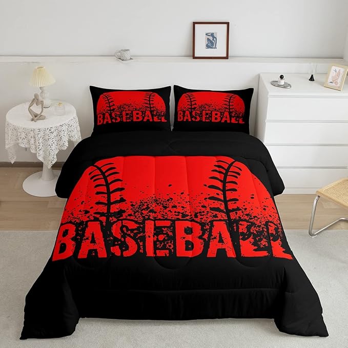 Baseball Comforter Set King Size Kids Red Black Sports Quilt Bedding Set For Boys Girls,Reversible Black Bedding Comforter Sets Soft Lightweight For All Season,1 Comforter And 2 Pillow Cases