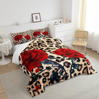 Rose Flower Comforter Set for Teens Adult Women Wedding Gift, Leopard Print Bedding Set Queen Size, Valentine's Day Cheetah Duvet Sets Leopard Animal Skin Down Comforter for Bedroom Decor, Brown