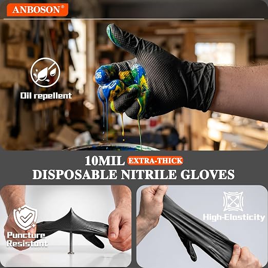 ANBOSON 10 Mil Heavy Duty Mechanic Nitrile Gloves, Black Large 1000 Count | Diamond Grip, Latex Free Disposable Chemical Resistant Rubber Gloves for Industrial,Workshops, Auto Repair,Janitorial,Food
