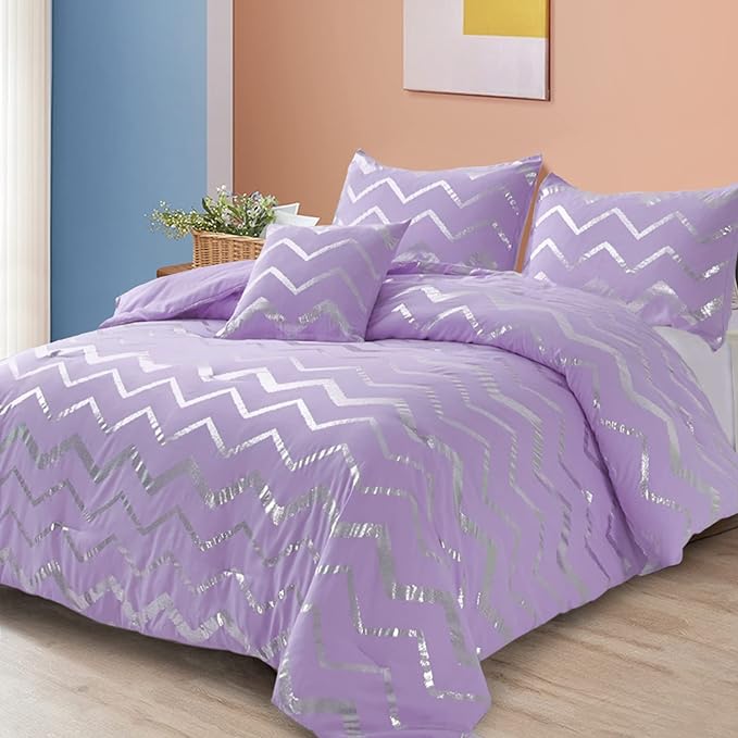 Purple/Silver Comforter Set Queen, Lavender Metallic Print Glitter Bedding Set Cute Shinny Lilac Bed Sets for Teen Girls Kids Women, 4 Piece (2 Pillowcases, 1 Decorative Pillow Sham)