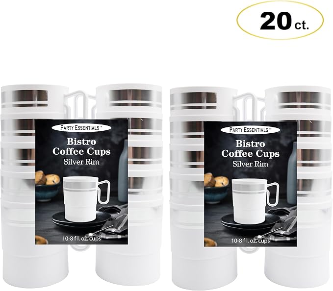 Party Essentials 8-Ounce Hard Plastic Coffee Cup/Tea Mug with Handle, 20-Count, White W/Silver Rim