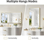 48x24In Gold Bathroom Mirror for Wall, Brushed Gold Rectangle Mirrors with Metal Frame, Bathroom Rectangular Mirror Modern Wall Mirror for Bedroom Living Room, Hangs Horizontal or Vertical