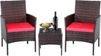 Patio Furniture Set 3 Pieces All-Weather Rattan Outdoor Furniture Patio Chairs with Tempered Glass Table for Porch Bistro Balcony Bistro Set(Brown/Red)