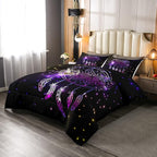 Erosebridal Dream Catcher Feather Comforter Set, Bohemian Mandala Down Comforter Twin Size for Kids Girls Boys, Starry Sky Galaxy Bedding Set Boho Tie Dye Exotic Flower Quilted Duvet, Purple