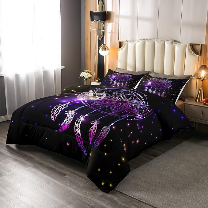 Erosebridal Dream Catcher Feather Comforter Set, Bohemian Mandala Down Comforter Queen Size for Kids Girls Boys, Starry Sky Galaxy Bedding Set Boho Tie Dye Exotic Flower Quilted Duvet, Purple